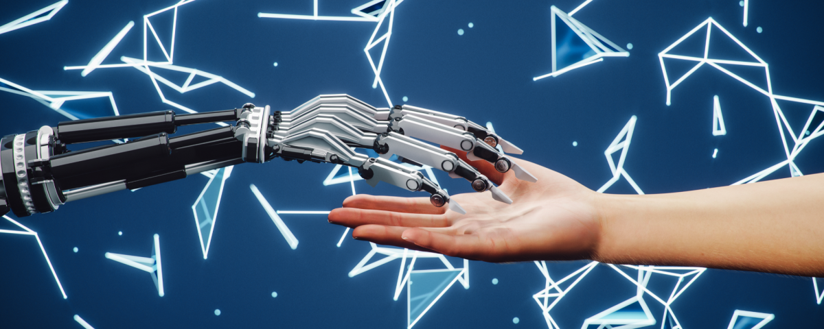 a robot hand and human hand touching, signifying artificial intelligence