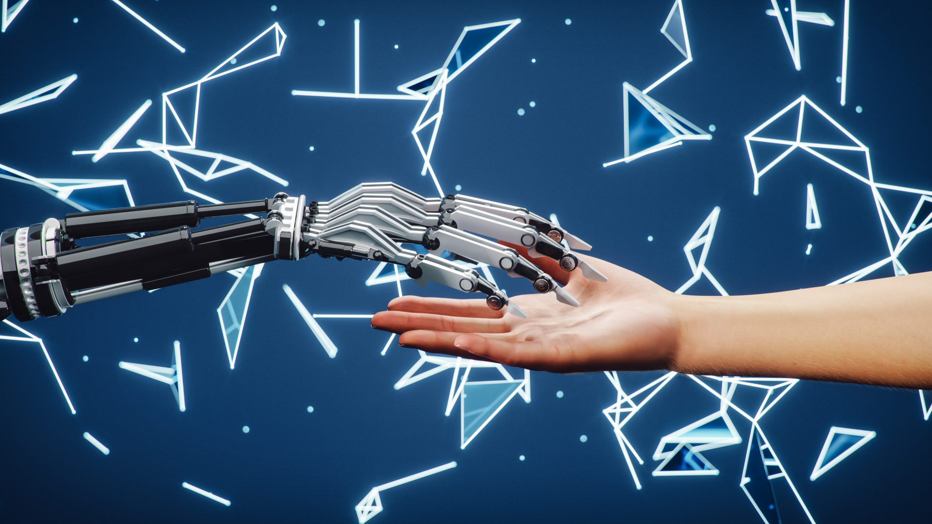 a robot hand and human hand touching, signifying artificial intelligence