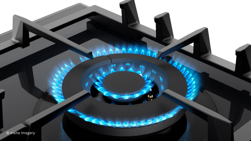 CGI rendering of gas powered stove with blue flames